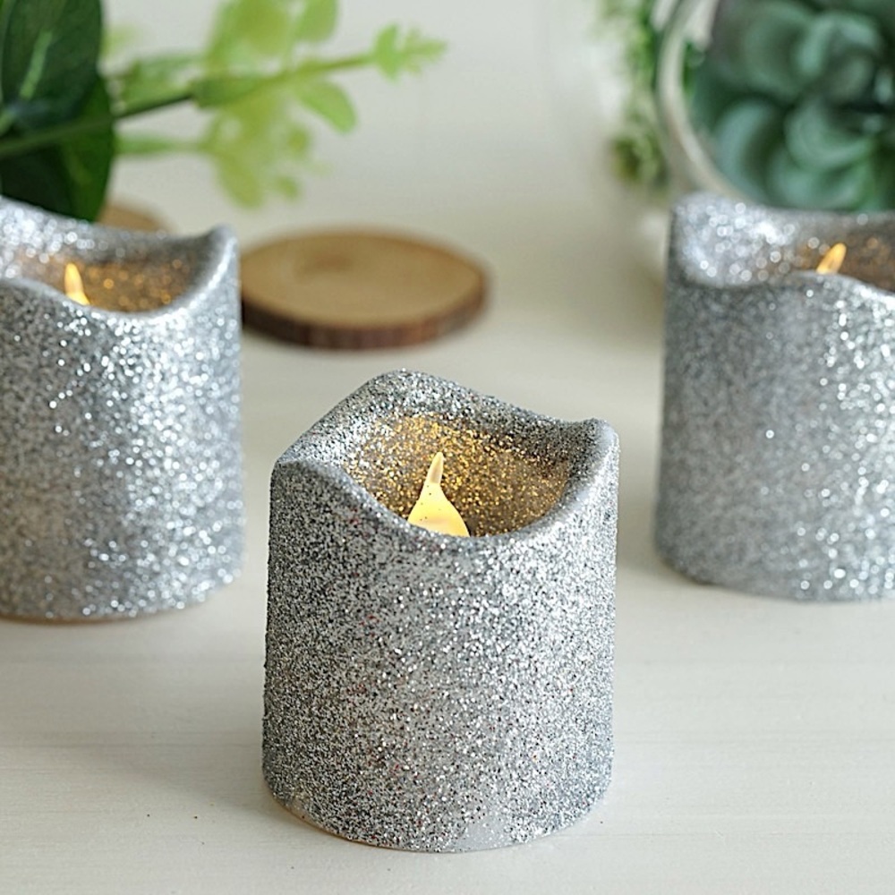 6 pcs 2" tall LED Votive Glittered Candles Lights Wedding Party Centerpieces